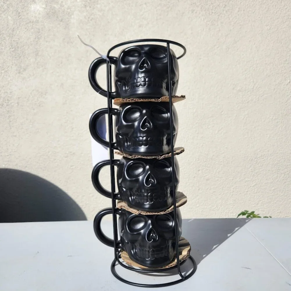 NEW Skull Mug Set of 4 Stackable Mugs Dia De Los Muertos Skulls Halloween Stonew